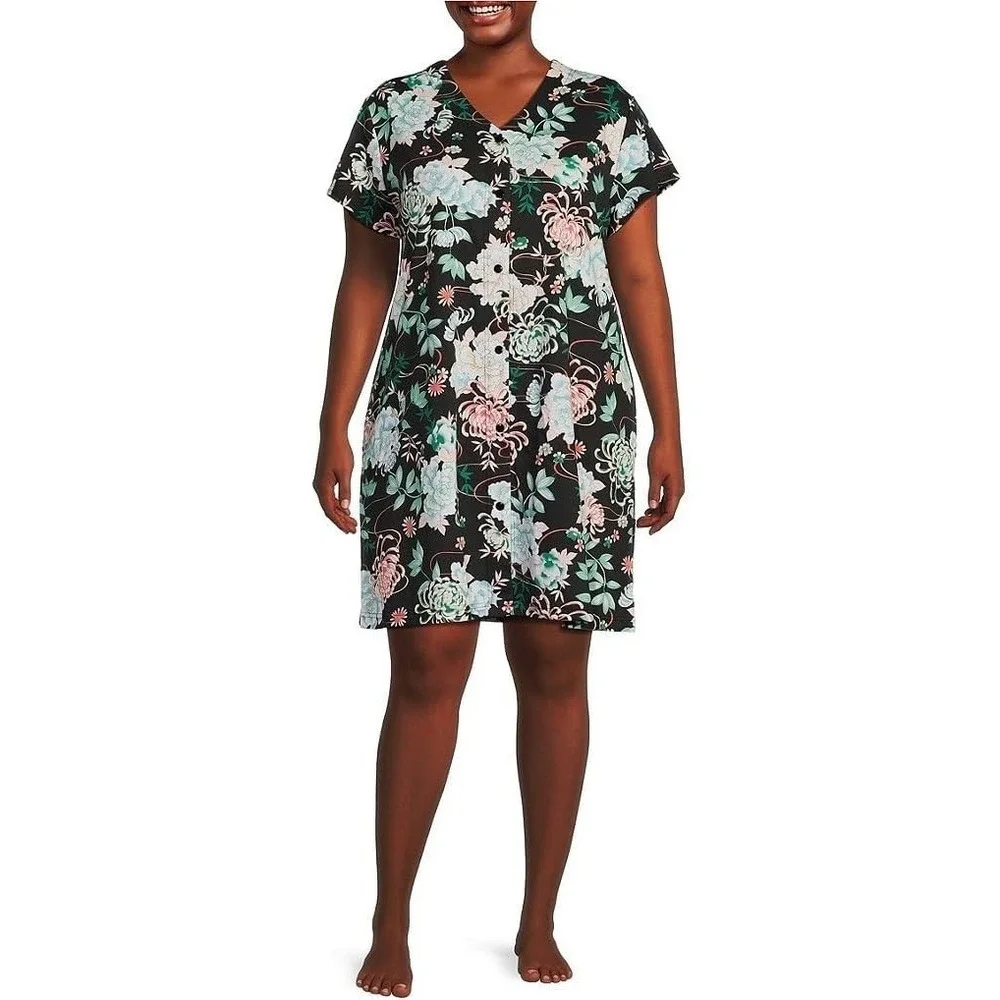 Miss Elaine Women's Interlock Knit Floral Short Robe with Snap‎ Closure - XL